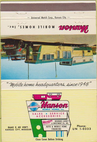Matchbook Cover - Hanson Trailer Homes mobile homes Kansas City MO 40 Strike