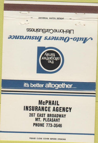 Matchbook Cover - McPhail Insurance Agency Mount Pleasant MI 40 Strike