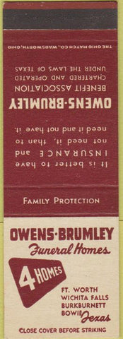 Matchbook Cover - Owens Brumley Funeral Homes Fort Worth TX SAMPLE Bowie