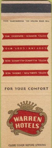 Matchbook Cover - Warren Hotels Omaha NE Cody WY Baraboo WI SAMPLE