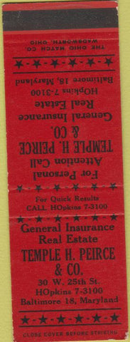 Matchbook Cover - Temple Peirce Co Baltimore MD Real Estate SAMPLE