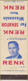 Matchbook Cover - Renk for Senator WI Wisconsin