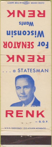 Matchbook Cover - Renk for Senator WI Wisconsin