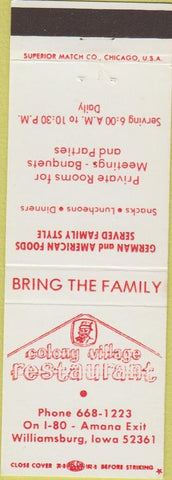 Matchbook Cover - Colony Village Restaurant Williamsburg IA