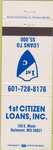 Matchbook Cover - 1st Citizen Loans Belmont MS