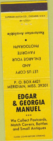 Matchbook Cover - Edgar Georgia Manuel postcard collectors Meridian Ms