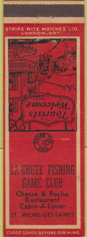 Matchbook Cover - La Chute Fishing Game Club ST Michel Des Saints QC