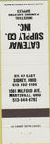 Matchbook Cover - Gateway Supply Inc Marysville Sidney OH