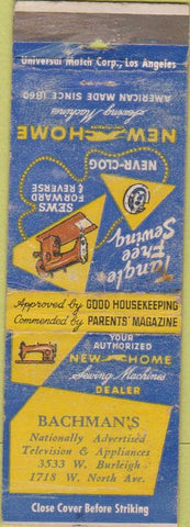 Matchbook Cover - New Home Sewing Machines Bachman's POOR