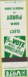 Matchbook Cover - Dom Purdy Probate Judge