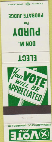 Matchbook Cover - Dom Purdy Probate Judge