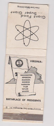 Matchbook Cover - Giant Food Grocery Store  VA Presidents birthplace