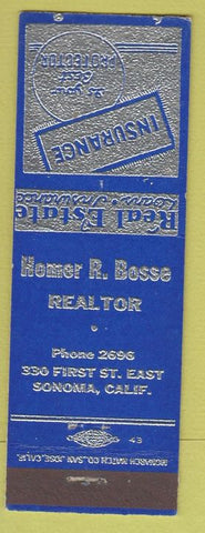 Matchbook Cover - Homer R Bosse Real Estate Sonoma CA insurance