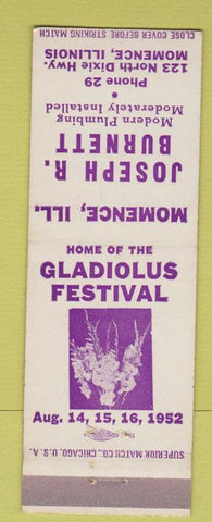 Matchbook Cover - Gladiolus Festival Momence IL Burnett Plumbing
