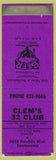 Matchbook Cover - Clem's 32 Club Sacramento CA SAMPLE