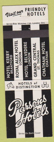Matchbook Cover - Parsons Hotels Brantford London St Thomas Chatham ON