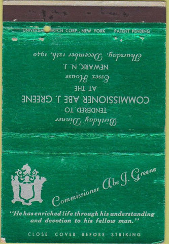 Matchbook Cover - Commissioner Abe Green Birthday Newark NJ 1940 40 Strike