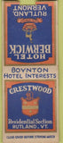 Matchbook Cover - Hotel Berwick Rutland VT BOBTAIL crestwood