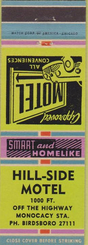 Matchbook Cover - Hill Side Motel Monocacy Sta PA