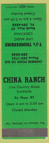 Matchbook Cover - China Ranch TJ's Thunderbird CA North Highway 97 SAMPLE