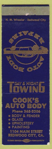 Matchbook Cover - Cook's Auto Body Redwood City CA SAMPLE