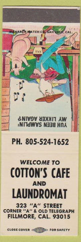 Matchbook Cover - Cotton's Cafe Laundry Fillmore CA SAMPLE hillbilly