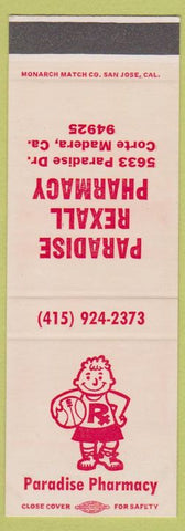 Matchbook Cover - Paradise Rexall Pharmacy Drugs Corte Madera CA SAMPLE