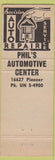 Matchbook Cover - Phil's Auto Center Artesia CA