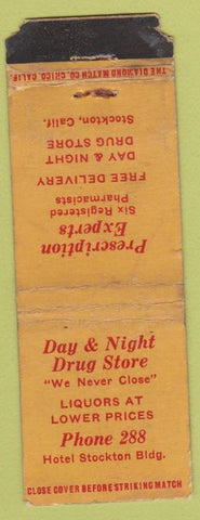 Matchbook Cover - Day Night Drug Store Stockton CA POOR