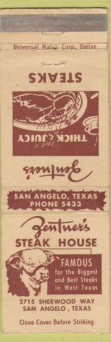 Matchbook Cover - Zentner's Steak House San Angelo TX WORN