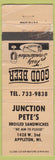 Matchbook Cover - Junction Pete's Restaurant Appleton WI WEAR