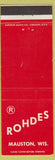 Matchbook Cover - Rohdes Mauston WI