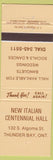 Matchbook Cover - New Italian Centennial Hall Thunder Bay ON WEAR