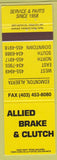 Matchbook Cover - Allied Brake Clutch Edmonton AB