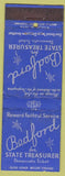 Matchbook Cover - Homer Bedford State Treasurer Colorado CO 1940s blue