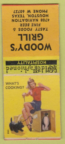 Matchbook Cover - Woody's Grill Houston TX pinup BOBTAIL