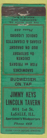Matchbook Cover - Jimmy Keys Lincoln Tavern LaSalle IL WORN