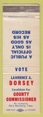 Matchbook Cover - Lawrence A Dorsey County Commissioner Frederick MD
