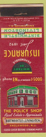 Matchbook Cover - Insurance Policy Shop Englewood NJ
