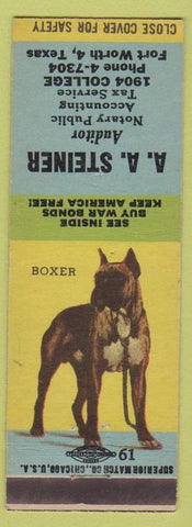Matchbook Cover - AA Steiner Auditor Accounting Notary Fort Worth TX Boxer dog