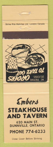 Matchbook Cover - Embers Steakhouse Tavern Dunnville ON