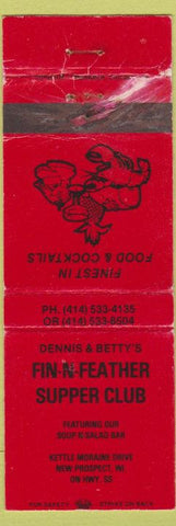 Matchbook Cover - Fin N Feather Supper Club New Prospect WI WEAR