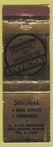 Matchbook Cover - Stricker's Real Estate Insurance Millwood WA