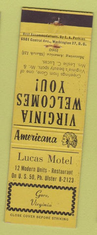 Matchbook Cover - Lucas Motel Gore VA Perkins Americana WEAR
