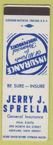 Matchbook Cover - Jerry Sprella Insurance Newark NJ SAMPLE WEAR