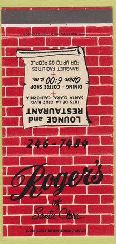 Matchbook Cover - Roger's of Santa Clara CA restaurant 30 Strike