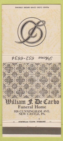 Matchbook Cover - William De Carbo Funeral Home New Castle PA white 30 Strike
