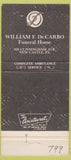 Matchbook Cover - William De Carbo Funeral Home New Castle PA white 30 Strike