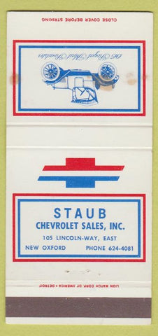 Matchbook Cover - Chevrolet Staub New Oxford PA STAINED 30 Strike