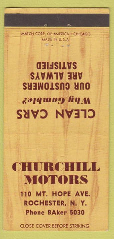 Matchbook Cover - Churchill Motors Rochester NY 30 Strike